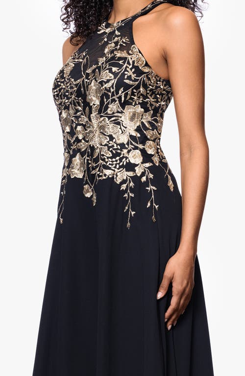 Betsy & Adam Metallic Embroidery Chiffon Gown In Black