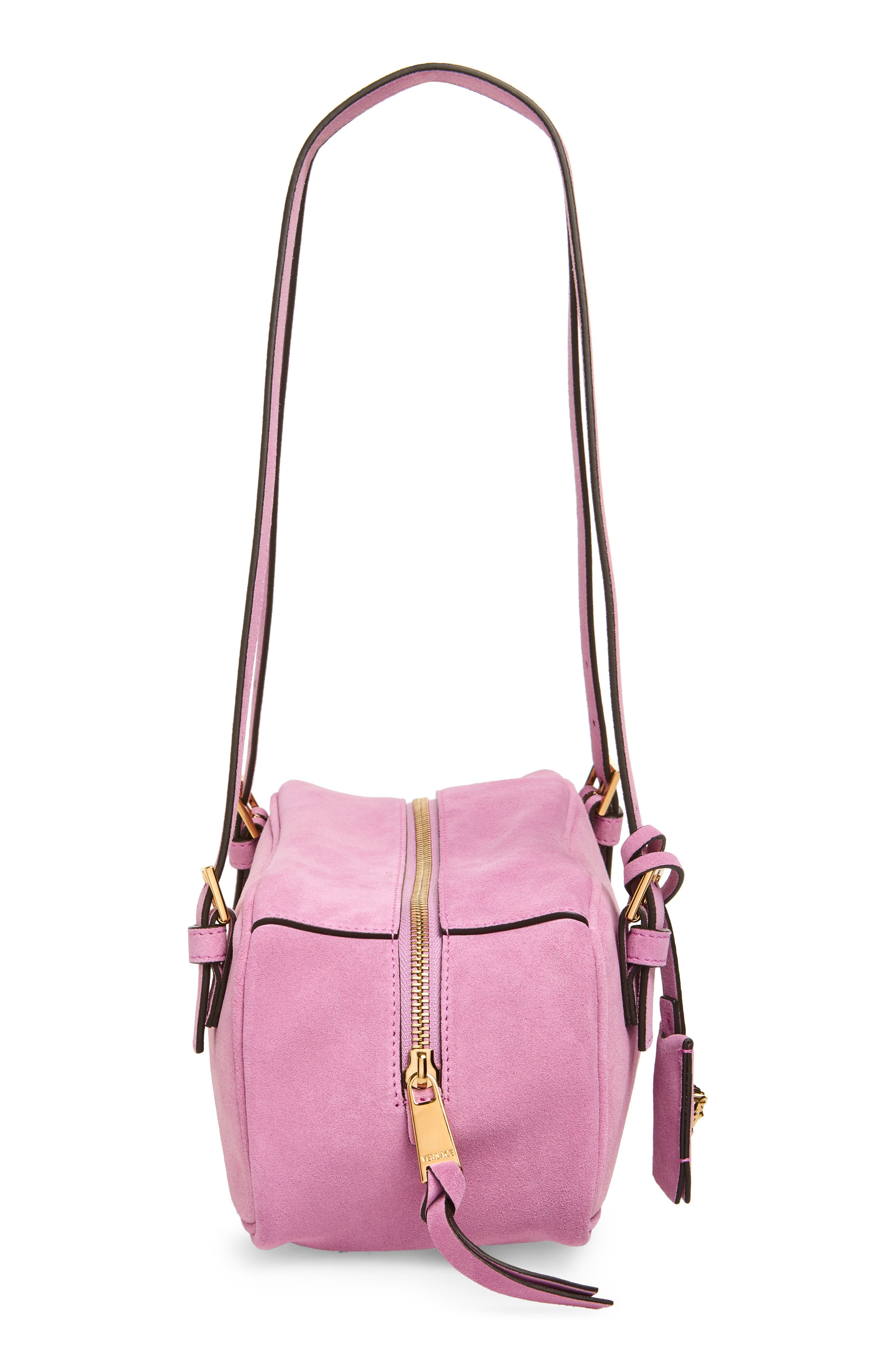 Versace Logo East/West Suede Shoulder Bag, Alternate, color, Dusty Mauve Gold