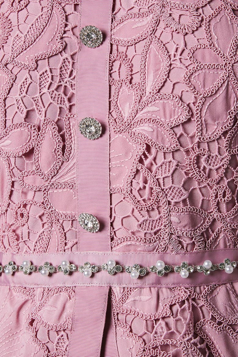 Lace Top Pleat Skirt Jewel Button Dress, Alternate, color, Pink