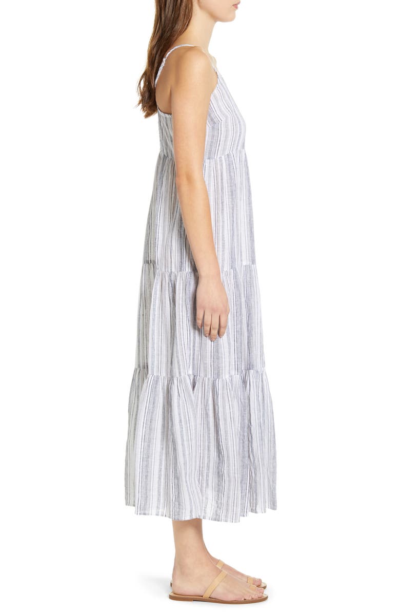 beachlunchlounge Lana Stripe Linen & Cotton Tiered Midi Sundress, Alternate, color,