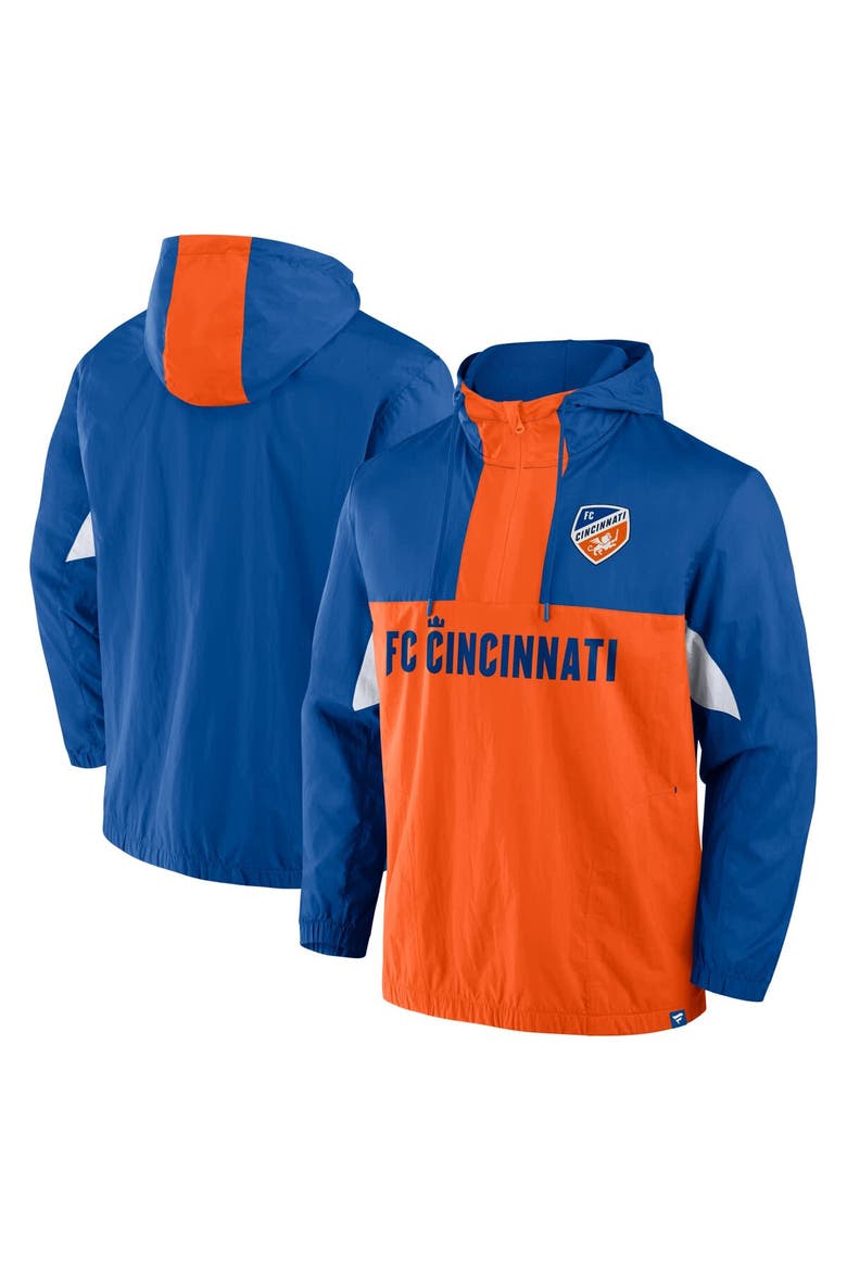 Men's Fanatics Royal FC Cincinnati Free Kick Woven Quarter-Zip Hoodie Jacket, Main, color, Blue