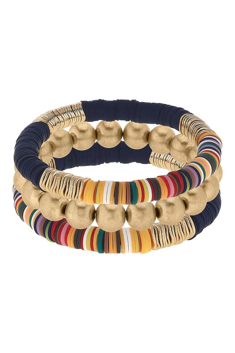 Emberly Set of 3 Beaded Stacking Bracelets, Main, color, GOLD/ NAVY/ MULTI