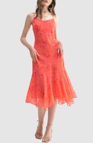 All in Favor Floral Handkerchief Asymmetric Ruffle Hem Dress