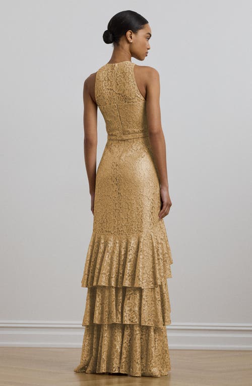 Ralph Lauren Women's Belted Metallic Lace Tiered Gown In Sand Dune/gold