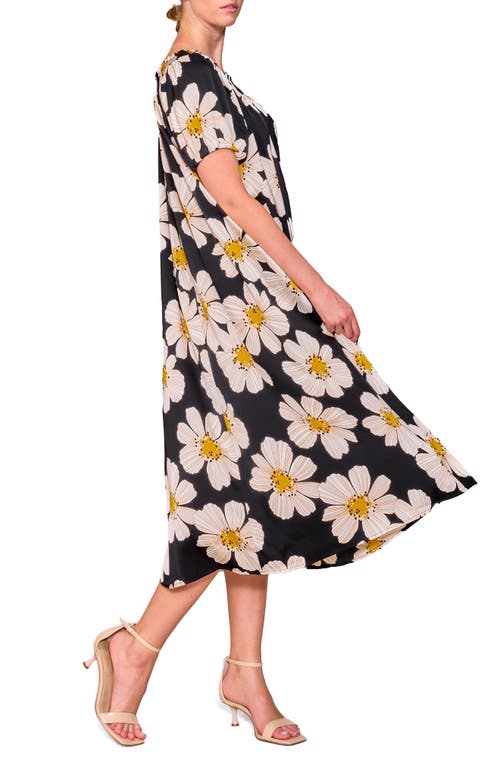 Melloday Floral Off The Shoulder Puff Sleeve Satin Dress In Black