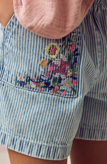 Kids' Floral Embroidery Stripe Denim Shorts