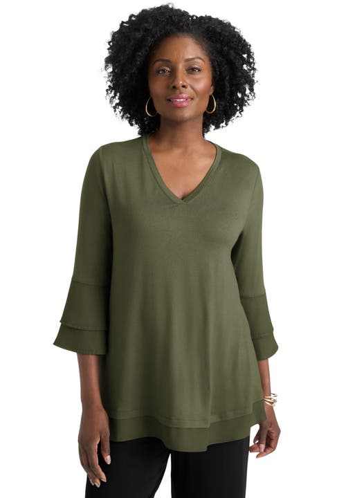 Jessica London Ruffle Layered Sleeve Top In Green