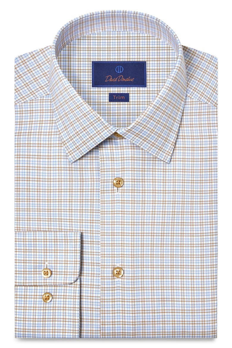 Trim Fit Check Cotton Twill Dress Shirt, Main, color, BLUE/ CHOCOLATE