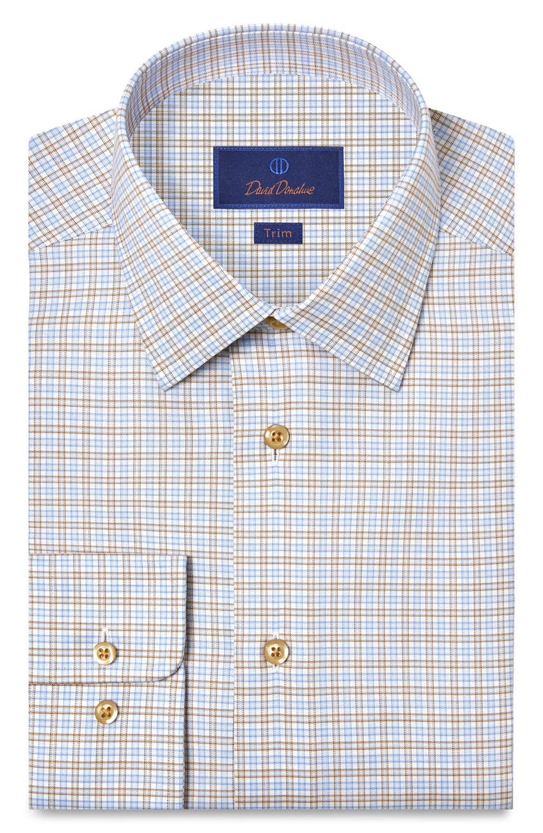 David Donahue Trim Fit Check Cotton Twill Dress Shirt, Main, color, Blue/ Chocolate