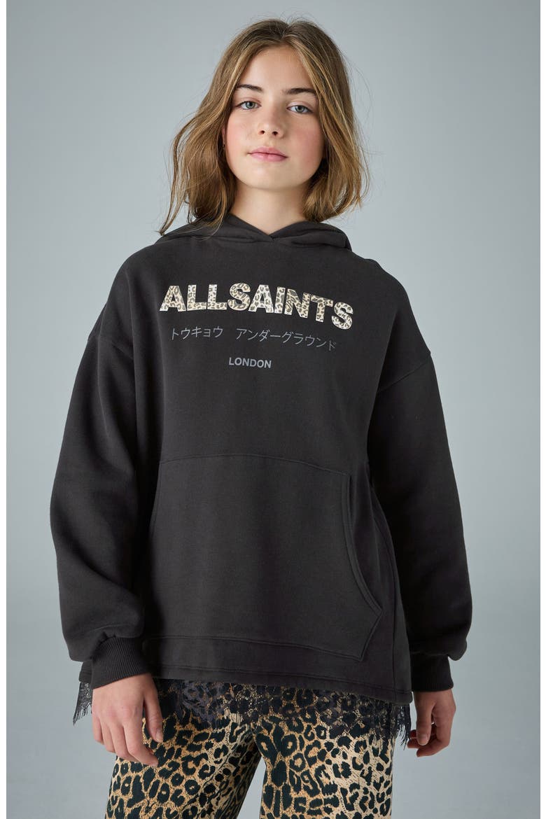 Kids' Lace Trim Split Back Cotton Blend Hoodie, Alternate, color, BLACK