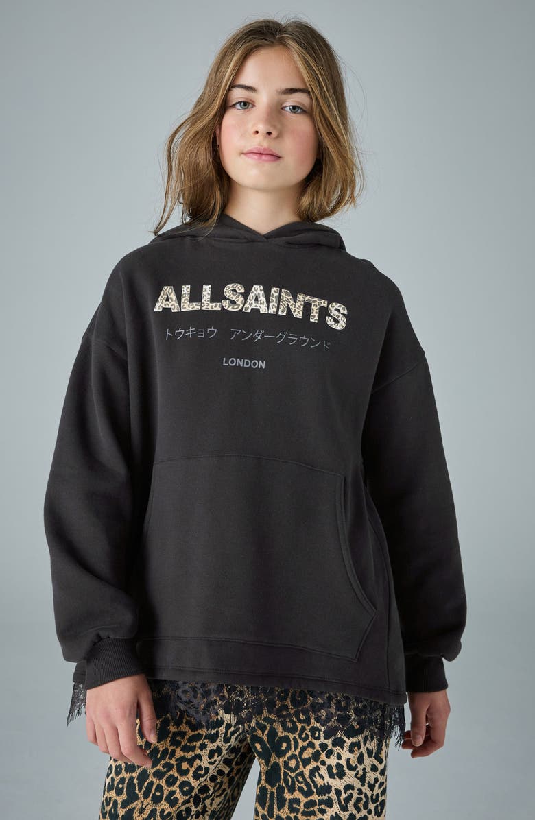smALLSAINTS by ALLSAINTS Kids' Lace Trim Split Back Cotton Blend Hoodie, Alternate, color, Black