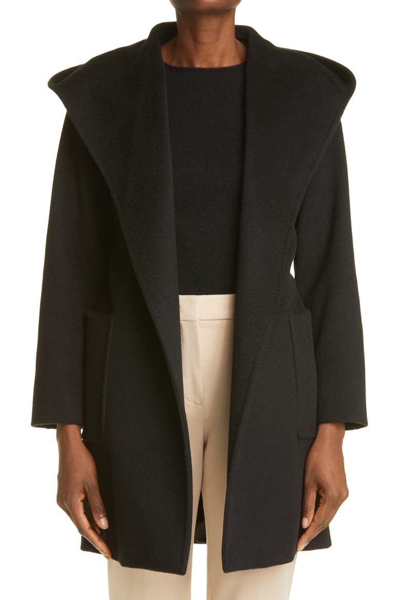 Rialto Hooded Camel Hair Coat, Main, color, BLACK