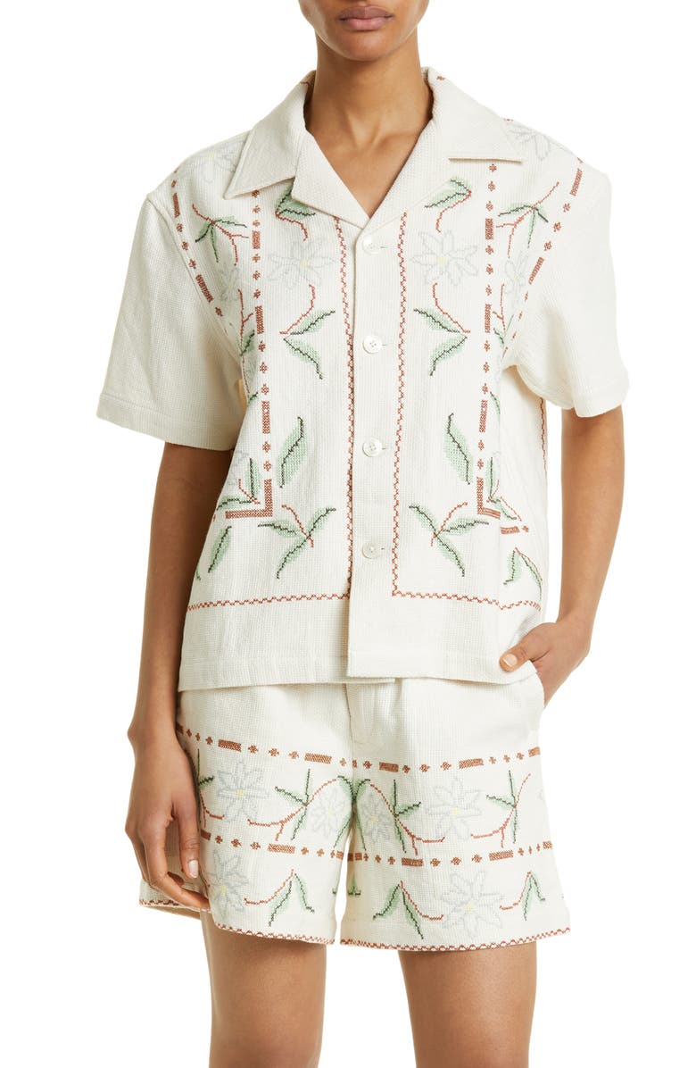 Bode Gerber Border Short Sleeve Linen & Cotton Button-Up Shirt, Main, color, 