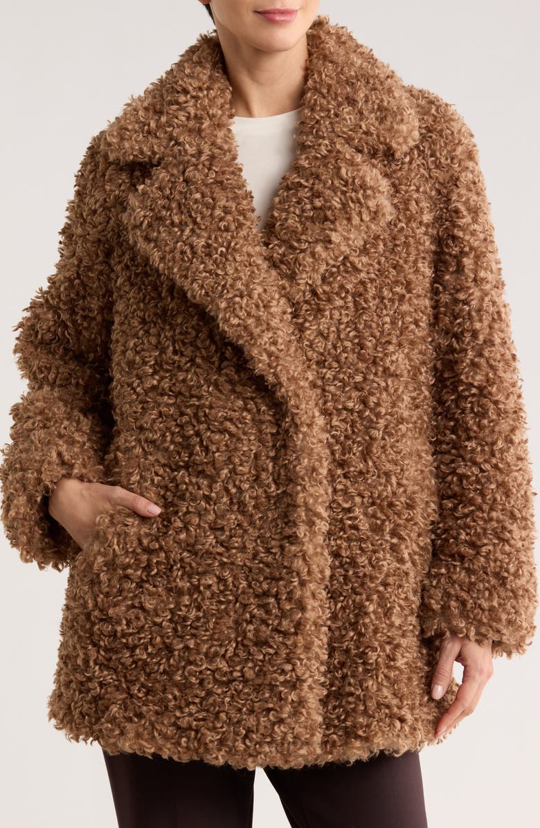 Michael Kors Curly Faux Shearling Coat, Main, color, Dark Caramel