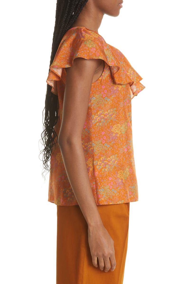 Rebecca Taylor Isabelle Ruffle One-Shoulder Silk Top, Alternate, color, Isabelle Fleur Burnt