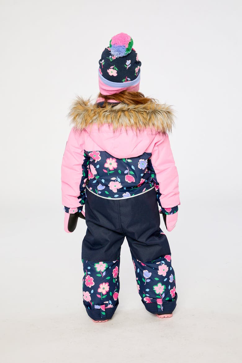 Discover Detachable Faux Fur Hood Expandable Sleeve One Piece Snowsuit, Alternate, color, Blue Floral Print