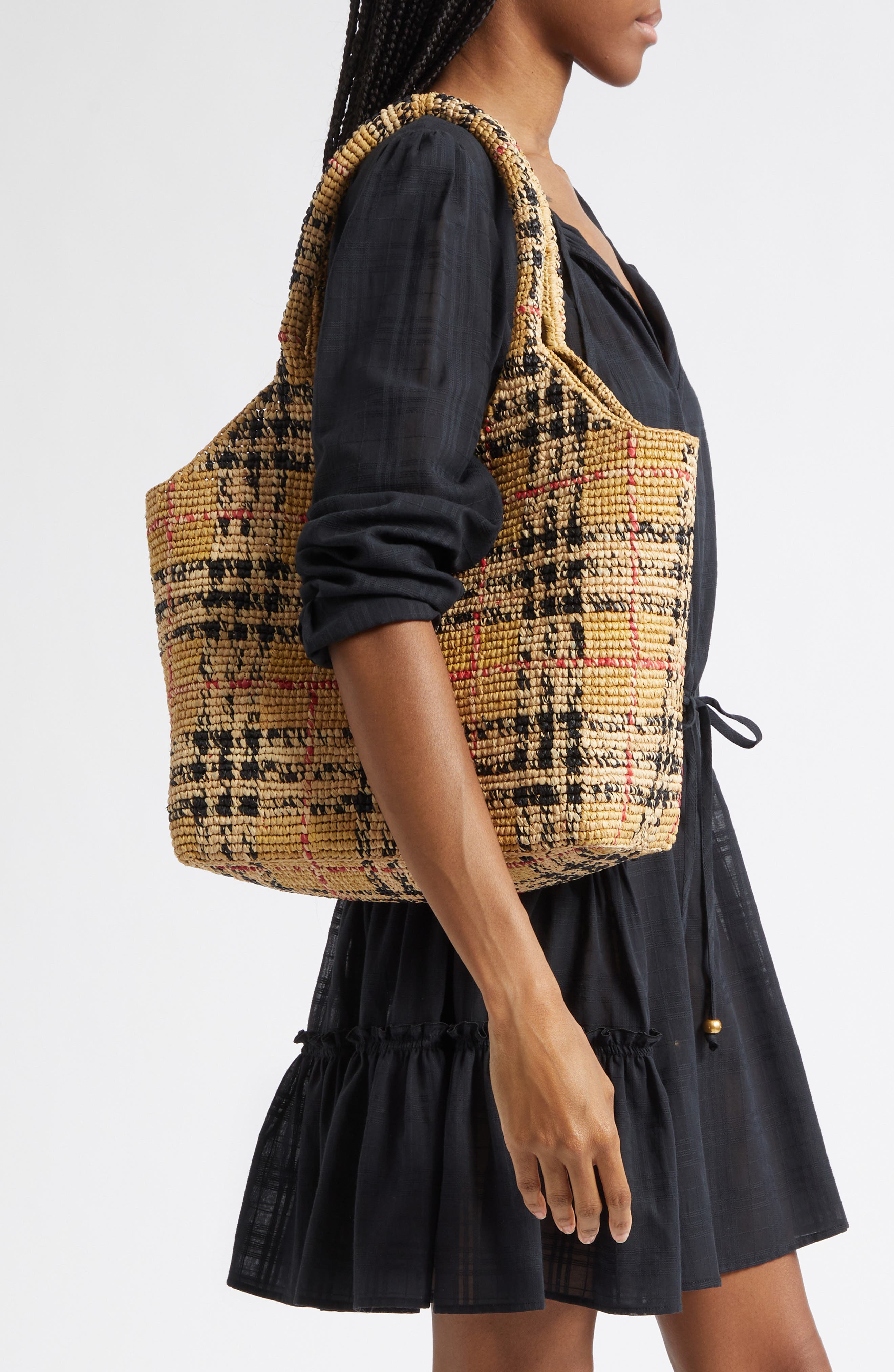 Small Margate Check Raffia Tote, Alternate, color, SAND IP CHECK