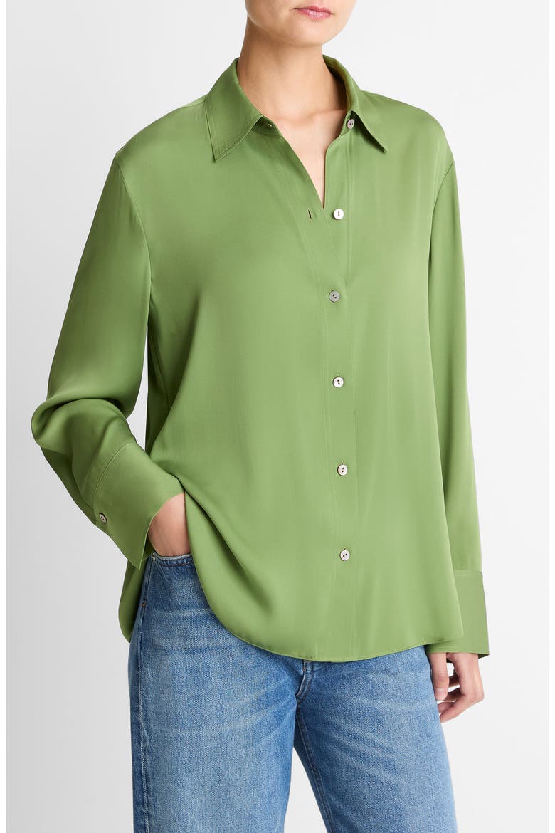 Stretch Silk Button-Up Shirt, Alternate, color, CLOVER