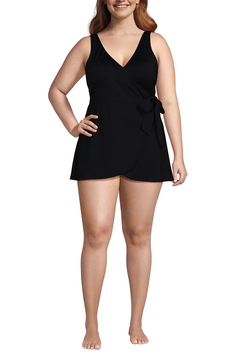 Lands
 End Plus Size DD-Cup Side Tie Mini Swim Dress Swimsuit, Alternate, color, Black