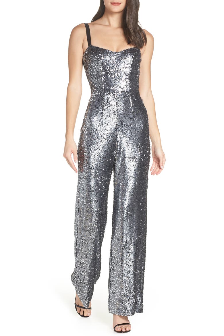 Victoria Sequin Wide Leg Jumpsuit, Main, color, SILVER