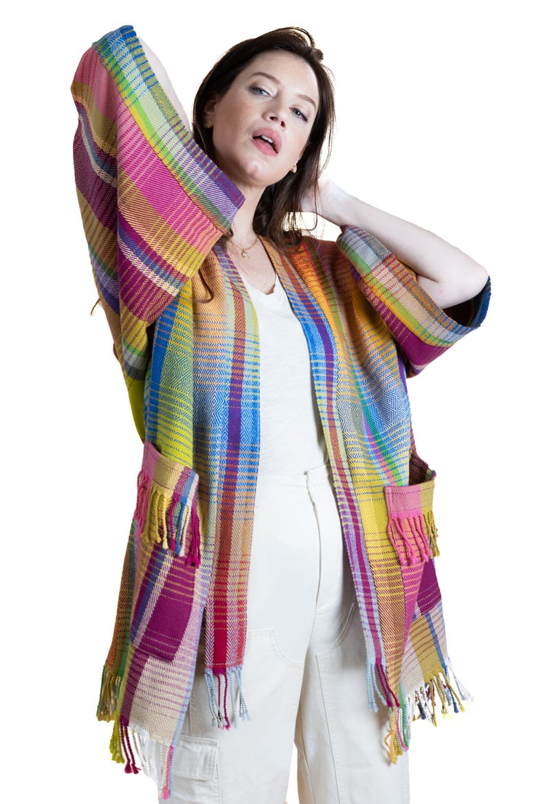 Rainbow Plaid Wool & Cotton Cardigan, Alternate, color, YELLOW MULTI