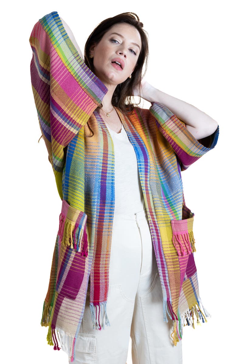 SAACHI Rainbow Plaid Wool & Cotton Cardigan, Alternate, color, Yellow Multi