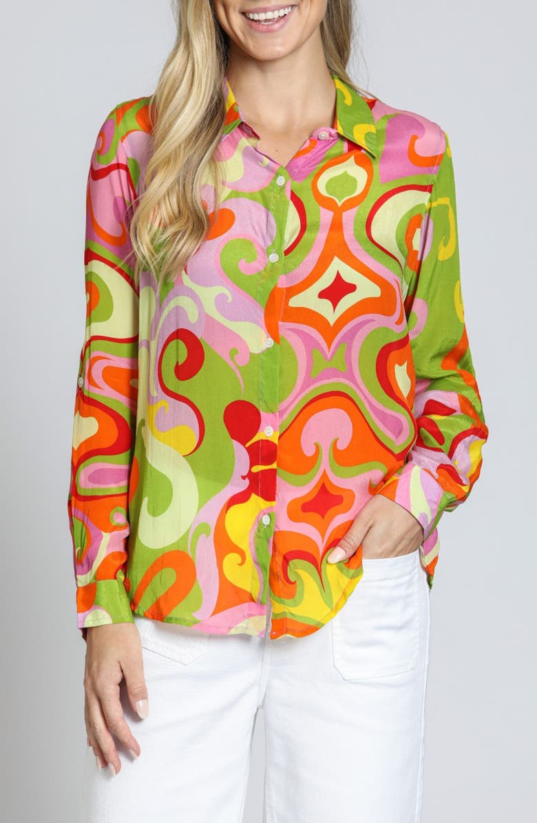 APNY Print Roll Tab Sleeve Button-Up Shirt, Main, color, Green Multi