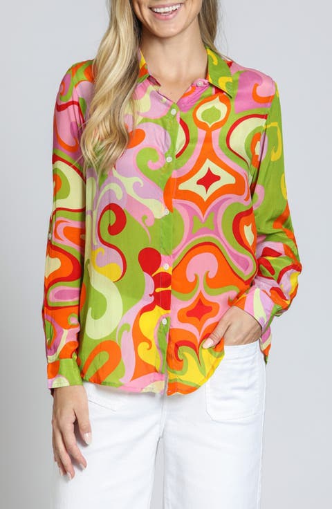 Print Roll Tab Sleeve Button-Up Shirt