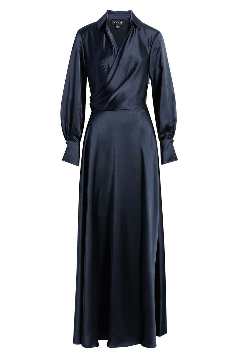Spread Collar Long Sleeve Satin Gown, Alternate, color, NAVY