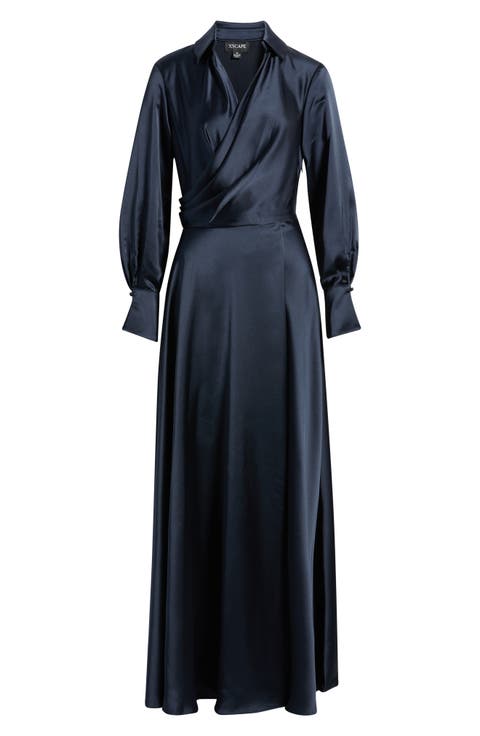 Spread Collar Long Sleeve Satin Gown
