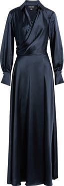 Xscape Evenings Spread Collar Long Sleeve Satin Gown