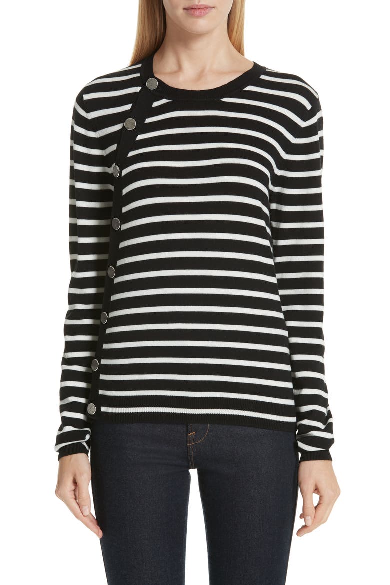 Stripe Button Side Wool Sweater, Main, color, BLACK / IVORY