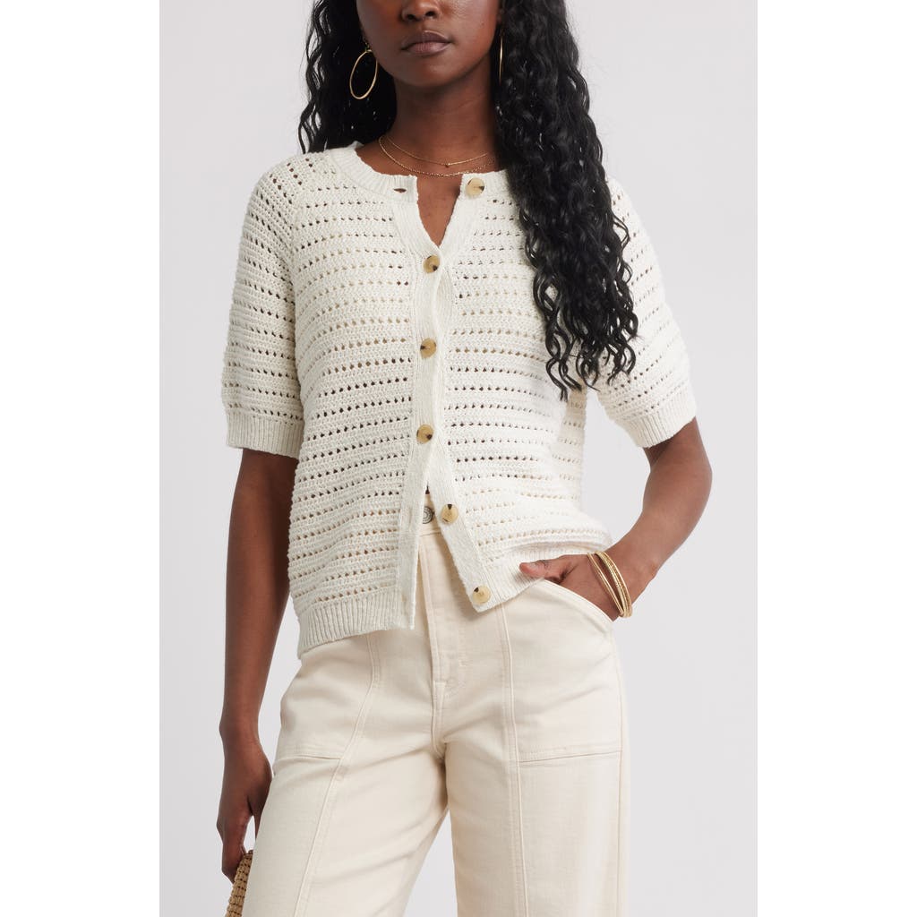 Treasure & Bond Open Stitch Short Sleeve Cotton Cardigan In White