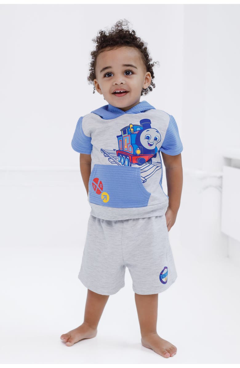 THOMAS & FRIENDS Short Sleeve Hoodie & Shorts Set, Alternate, color, Light Blue / Oatmeal Heather