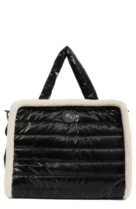 Quilted Faux Shearling Trim Tote Bag