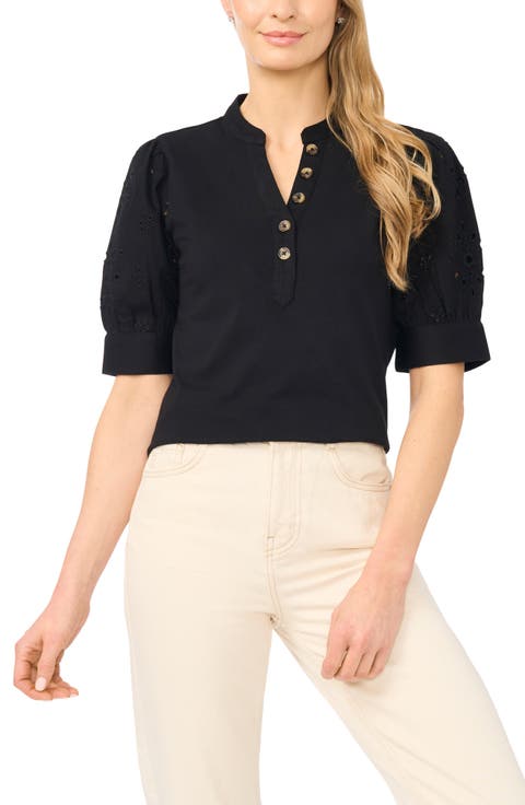 Puff Sleeve Mixed Media Cotton Top