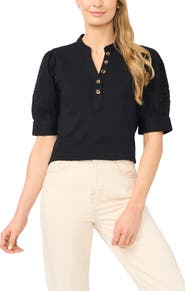CeCe Puff Sleeve Mixed Media Cotton Top