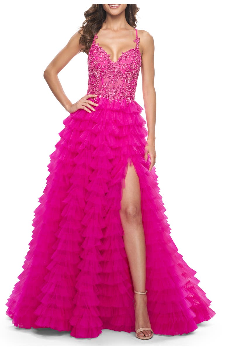 La Femme Neon Ruffle Tulle Prom Gown with Illusion Lace Bodice and High Slit, Main, color, Hot Fuchsia