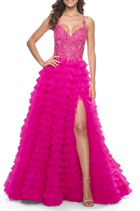 Neon Ruffle Tulle Prom Gown with Illusion Lace Bodice and High Slit