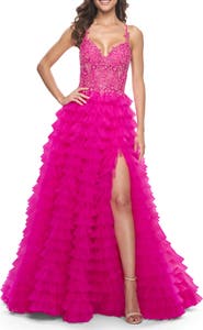 La Femme Neon Ruffle Tulle Prom Gown with Illusion Lace Bodice and High Slit