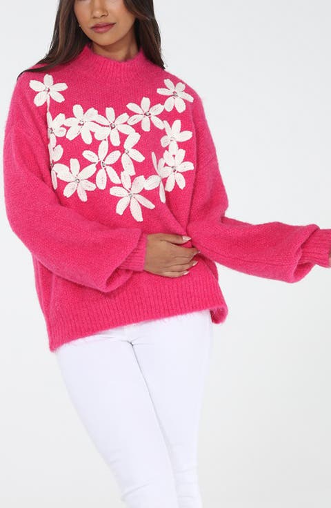 Rhinestone Embellished Floral Turtleneck Sweater