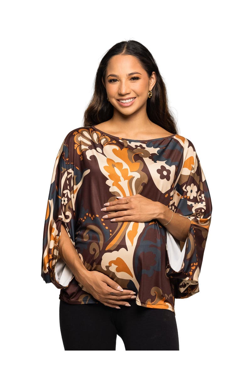 24seven Comfort Apparel Maternity Essential Paisley Print Dolman Sleeve Top, Main, color, Brown Multi
