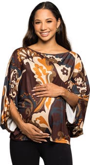 24seven Comfort Apparel Maternity Essential Paisley Print Dolman Sleeve Top