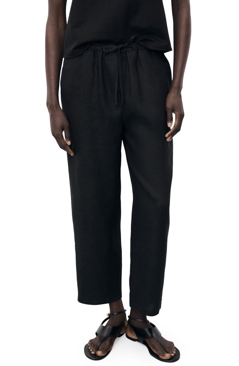 MANGO Linen Drawstring Pants, Main, color, Black