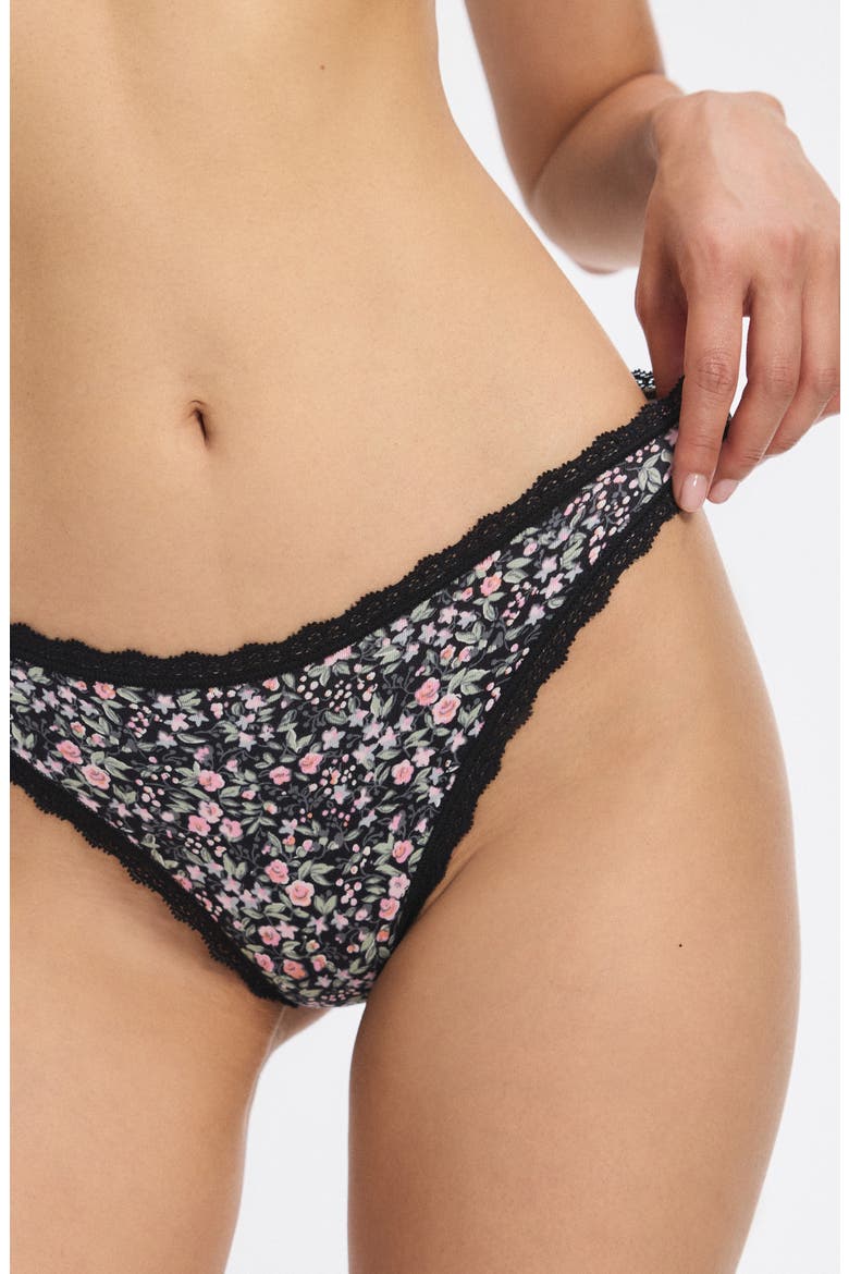 Cotton Essentials Lace Trim Thong, Alternate, color, BLACK CAVIAR FLORAL POP PRINT