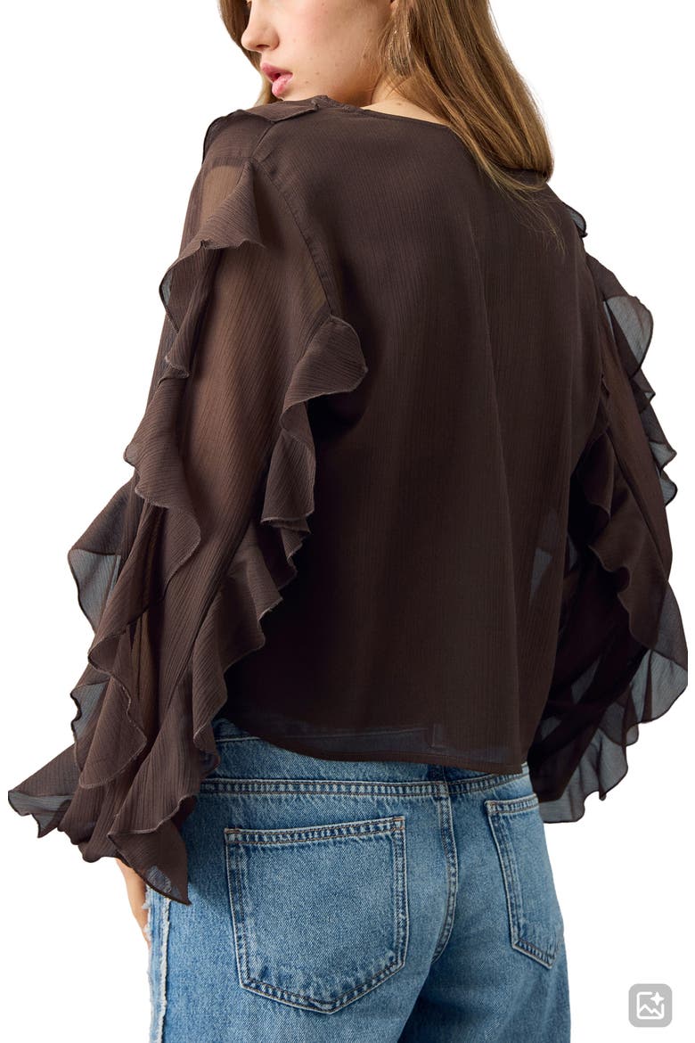 Ruffle Front Button Crop Top, Alternate, color, BROWN