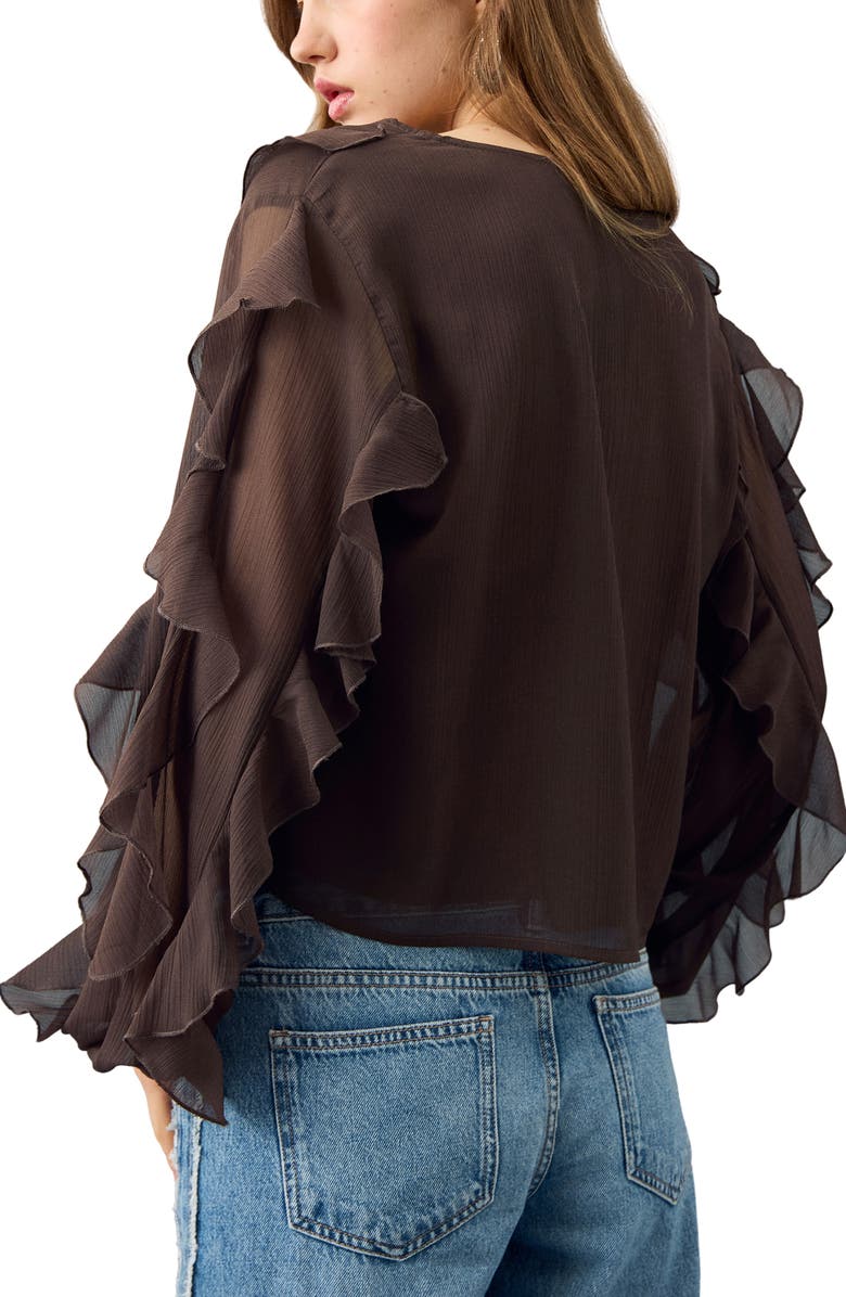 MANGO TEEN Ruffle Front Button Crop Top, Alternate, color, Brown
