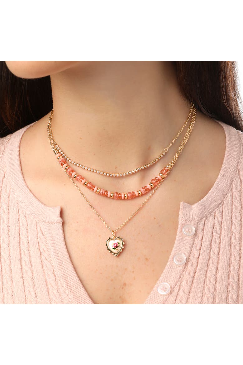 3-Piece Necklaces for Women, Layering Necklaces Gold-Tone | Triple Necklace Stack 3 Separate Lengths, Pink Bead and Pearl Embellishments, Rose and Heart Pendant, Alternate, color, Gold-Tone