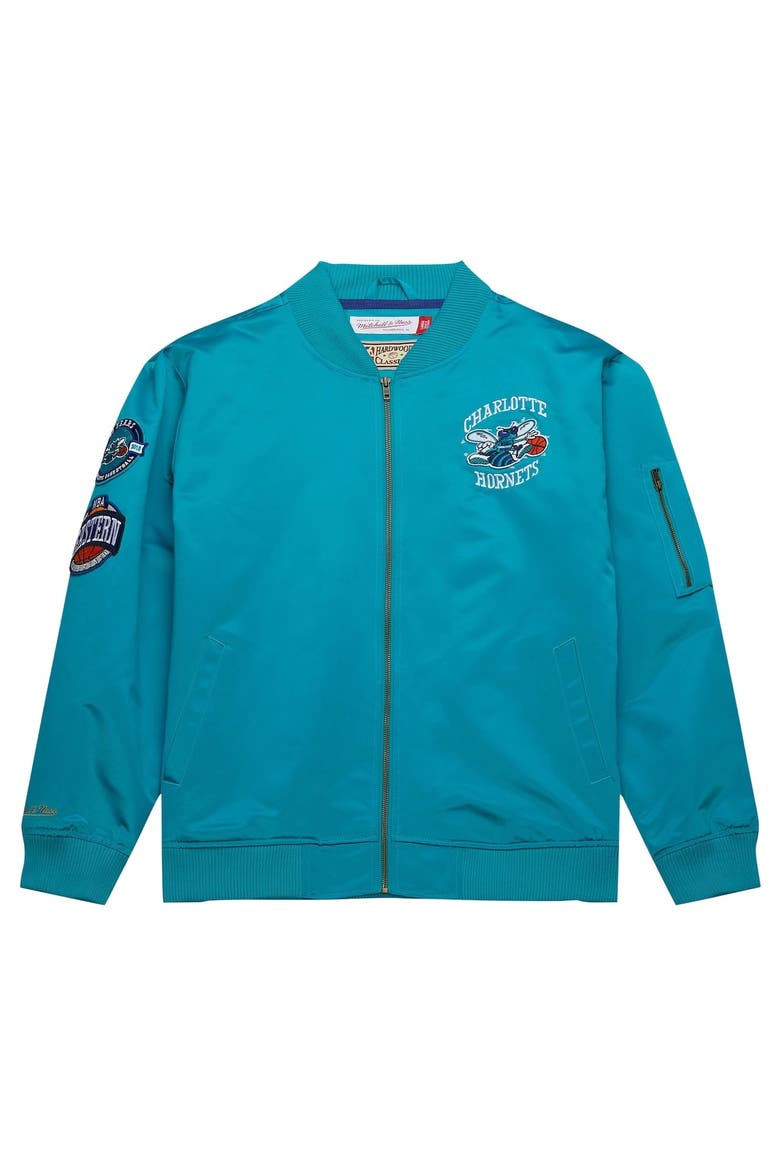 Men's Mitchell & Ness Teal Charlotte Hornets Hardwood Classics Vintage Logo Full-Zip Bomber Jacket, Alternate, color, Teal