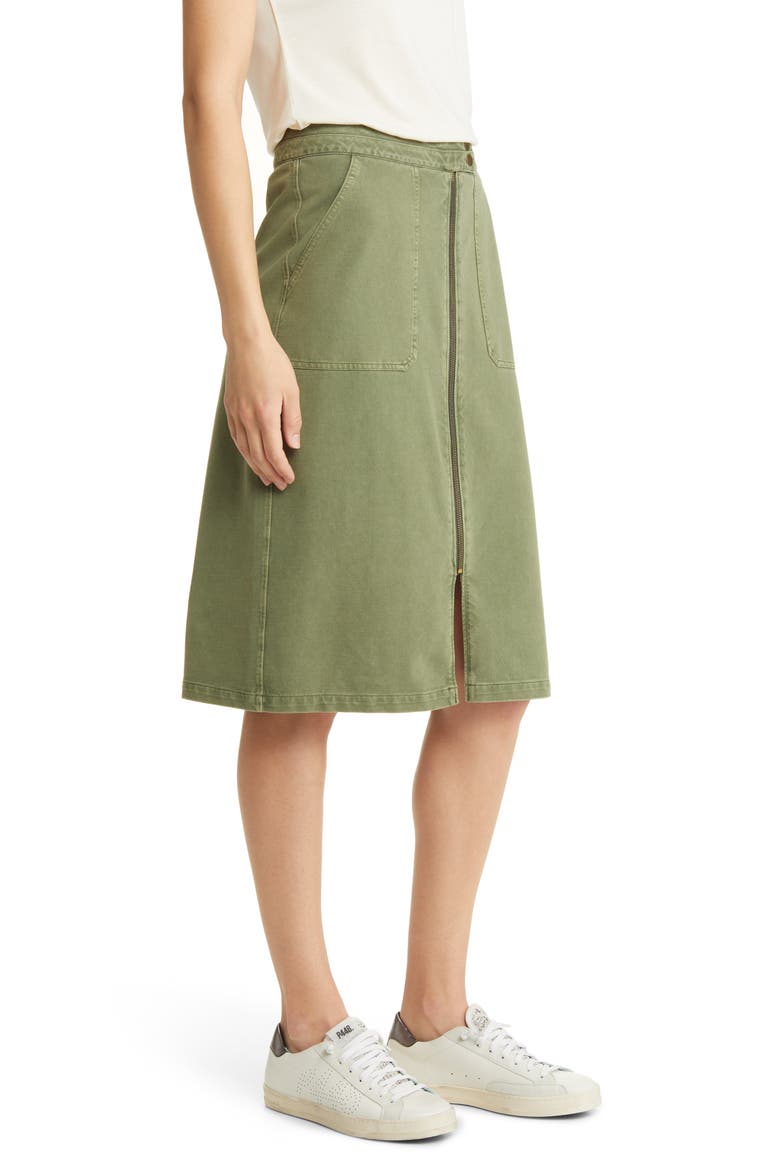 Relaxed Zip Front Twill Midi Skirt, Alternate, color, GREEN SORREL